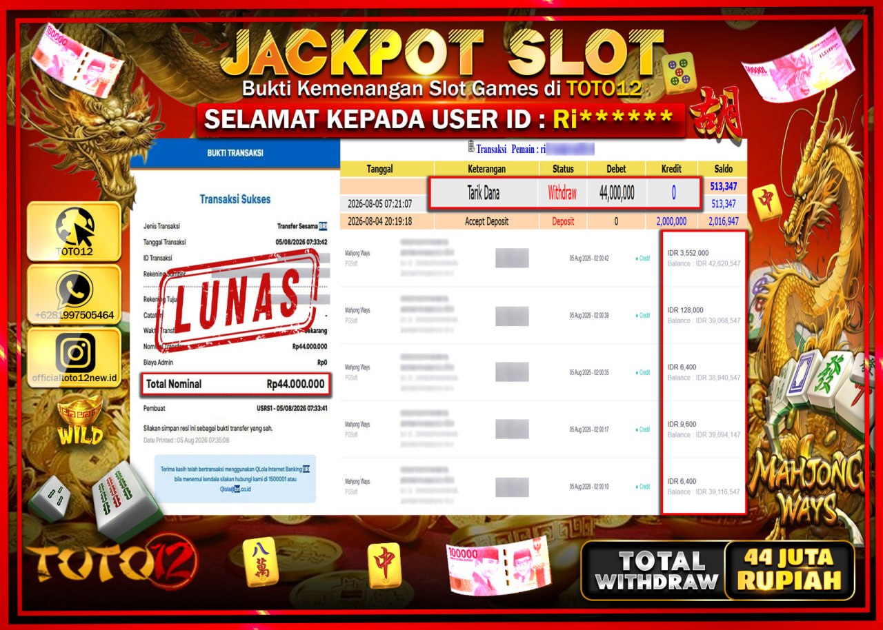 HANYA DI TOTO12 JP PASTI DI BAYAR LUNAS DAN CEPAT!!!!!! JACKPOT SLOT GAME (MAHJONG WAYS) Rp44.000.000!!!!