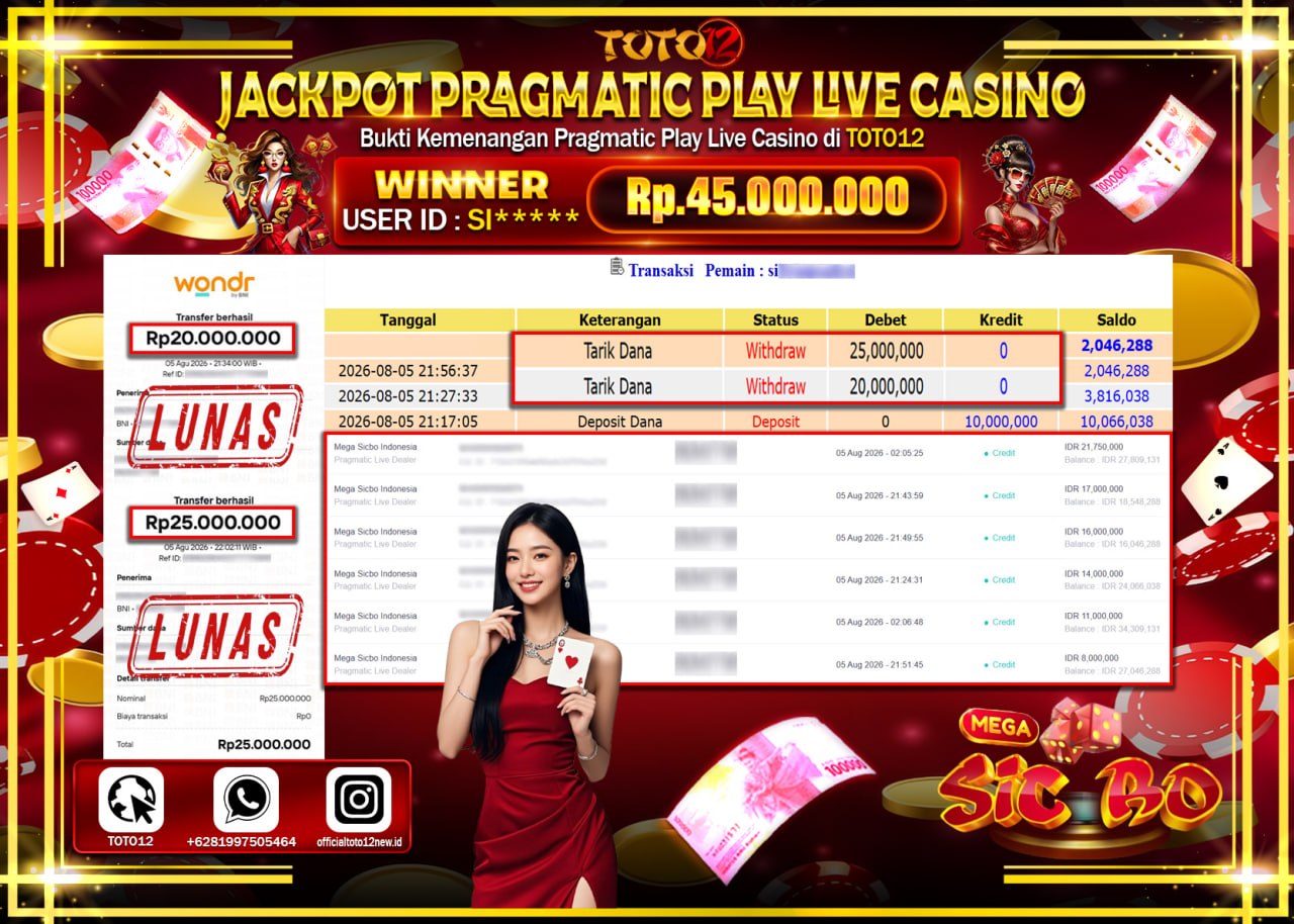 HANYA DI TOTO12 JP PASTI DI BAYAR LUNAS DAN CEPAT!!!!!! JACKPOT PRAGMATIC PLAY LIVE GAME CASINO (MEGA SICBO INDONESIA) Rp45.000.000!!!!