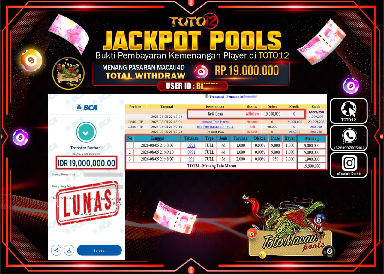HANYA DI TOTO12 JP PASTI DI BAYAR LUNAS DAN CEPAT!!!!!! JACKPOT POOLS PASARAN (MACAU 4D) Rp19.000.000!!!!