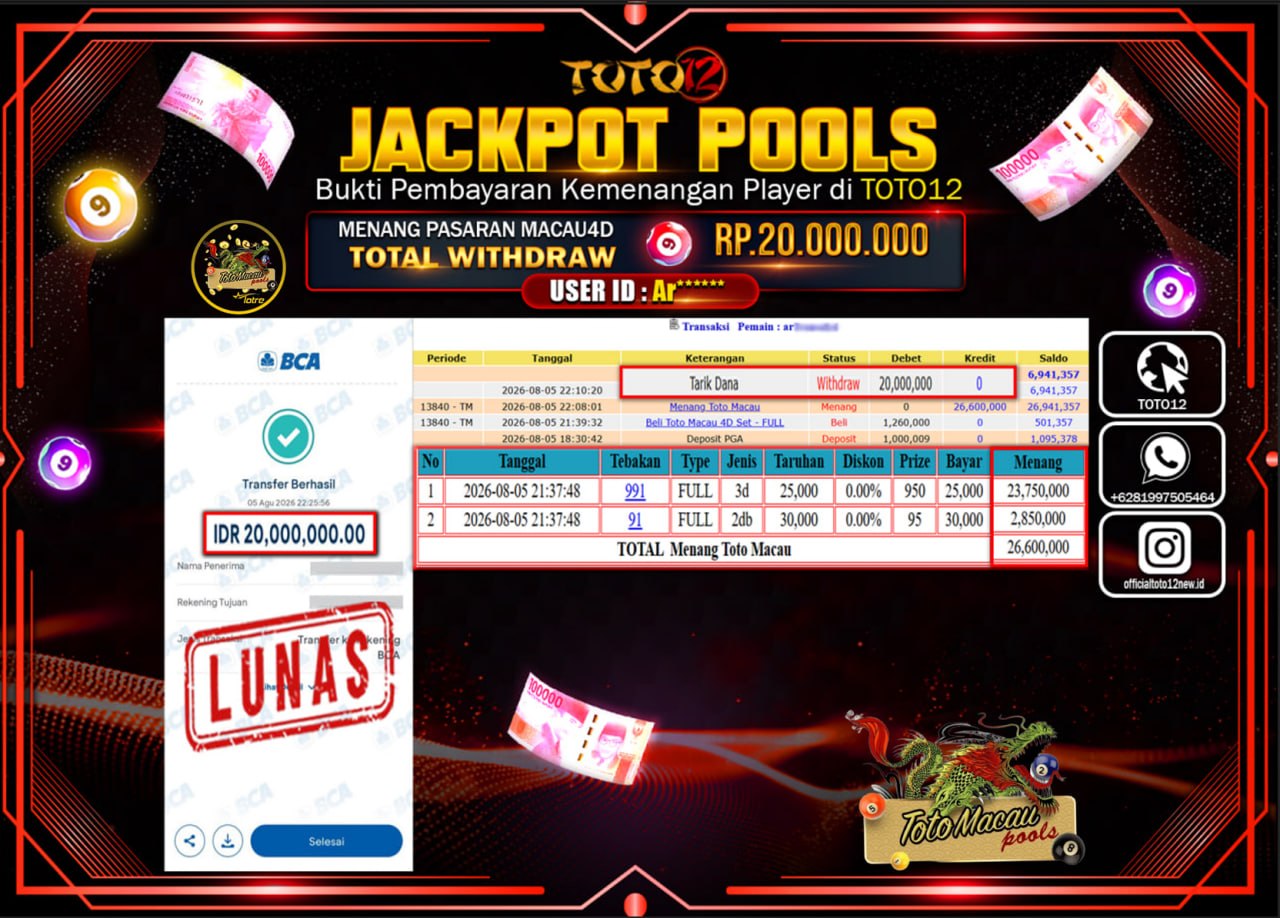 HANYA DI TOTO12 JP PASTI DI BAYAR LUNAS DAN CEPAT!!!!!! JACKPOT POOLS PASARAN (MACAU 4D) Rp20.000.000!!!!