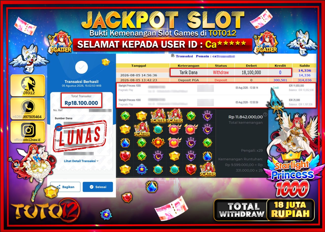 HANYA DI TOTO12 JP PASTI DI BAYAR LUNAS DAN CEPAT!!!!!! JACKPOT SLOT GAME (STARLIGHT PRINCESS 1000) Rp18.100.000!!!!
