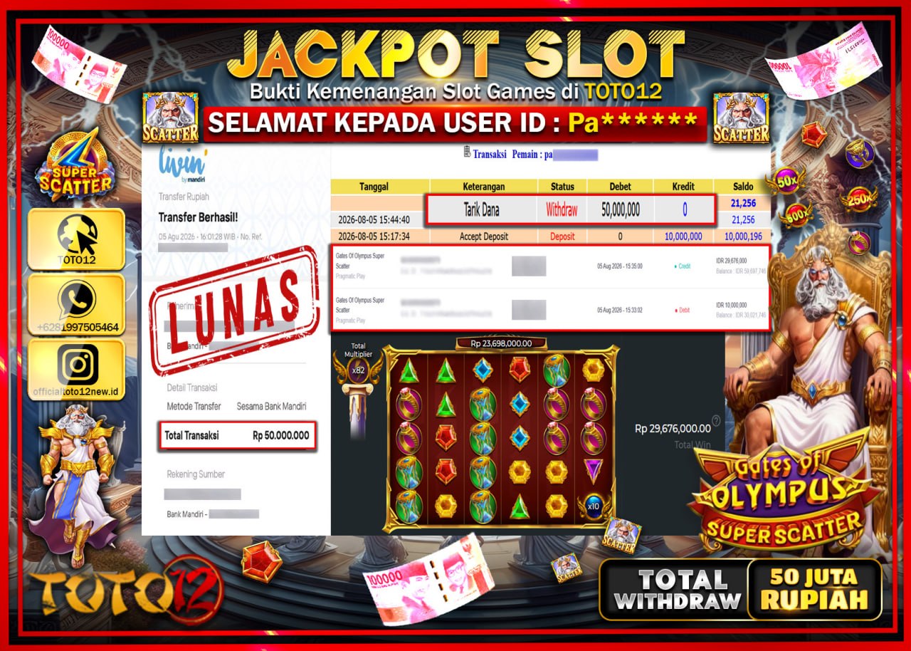 HANYA DI TOTO12 JP PASTI DI BAYAR LUNAS DAN CEPAT!!!!!! JACKPOT SLOT GAME (GATES OF OLYMPUS SUPER SCATTER) Rp50.000.000!!!!