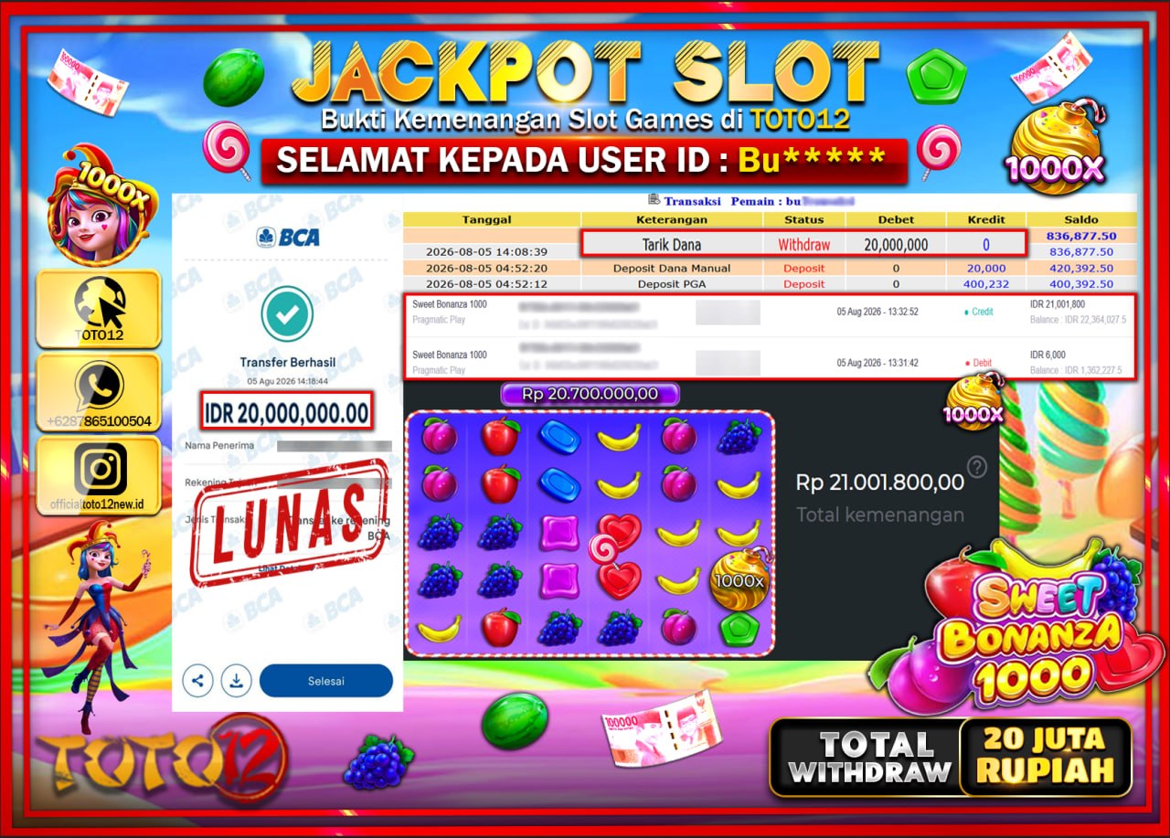 HANYA DI TOTO12 JP PASTI DI BAYAR LUNAS DAN CEPAT!!!!!! JACKPOT SLOT GAME (SWEET BONANZA 1000) Rp20.000.000!!!!