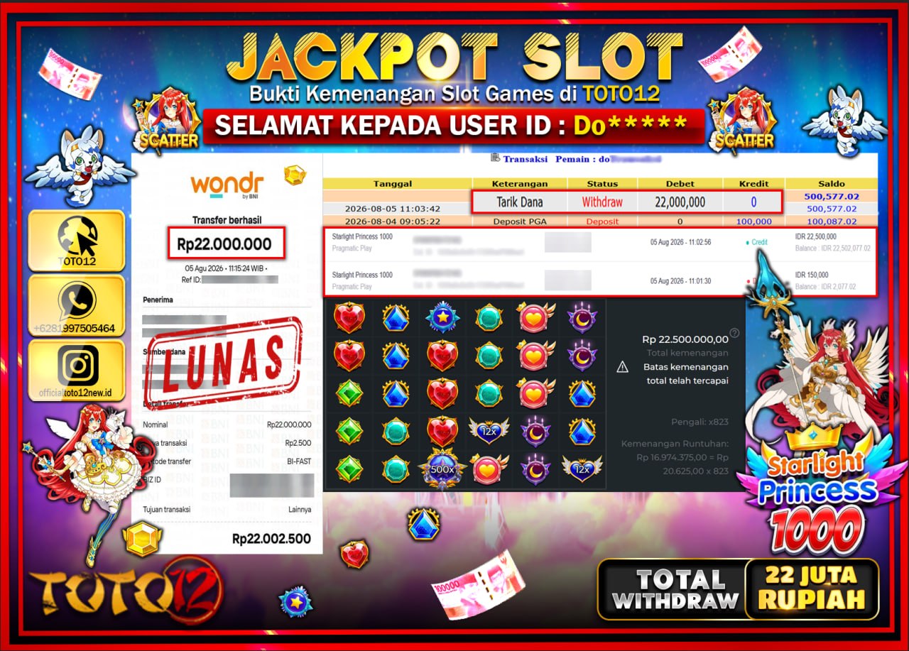 HANYA DI TOTO12 JP PASTI DI BAYAR LUNAS DAN CEPAT!!!!!! JACKPOT SLOT GAME (STARLIGHT PRINCESS 1000) Rp22.000.000!!!!