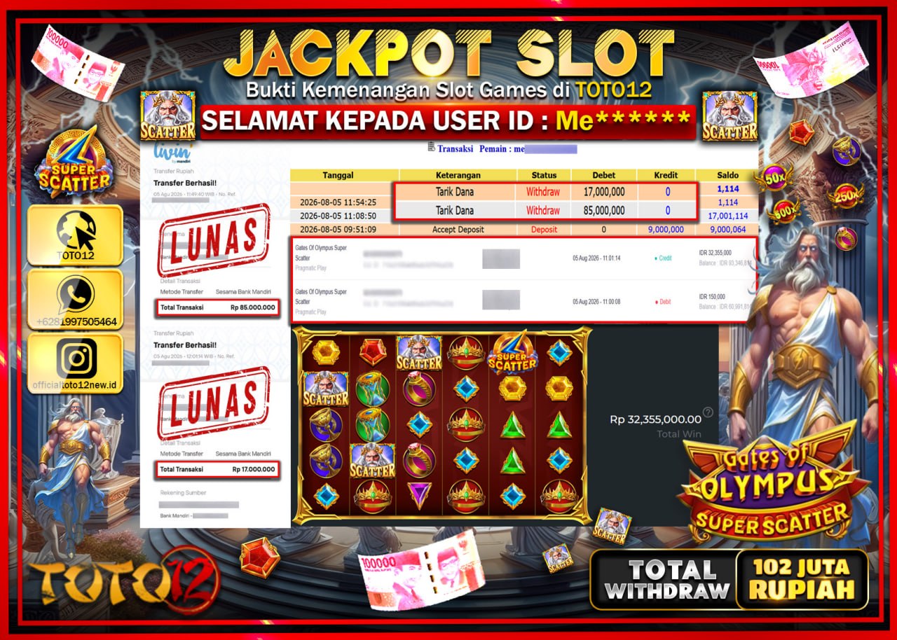 HANYA DI TOTO12 JP PASTI DI BAYAR LUNAS DAN CEPAT!!!!!! JACKPOT SLOT GAME (GATES OF OLYMPUS SUPER SCATTER) Rp102.000.000!!!!