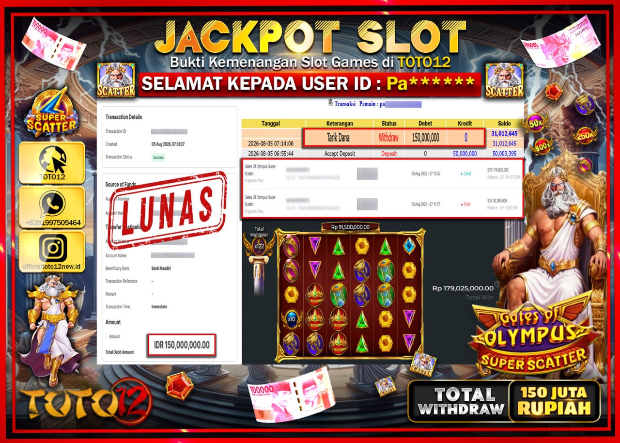 HANYA DI TOTO12 JP PASTI DI BAYAR LUNAS DAN CEPAT!!!!!! JACKPOT SLOT GAME (GATES OF OLYMPUS SUPER SCATTER) Rp150.000.000!!!!