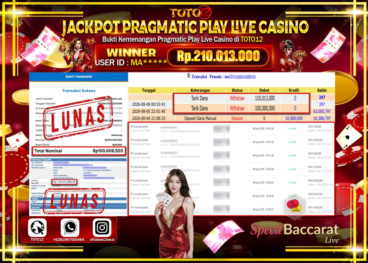 HANYA DI TOTO12 JP PASTI DI BAYAR LUNAS DAN CEPAT!!!!!! JACKPOT PRAGMATIC PLAY LIVE GAME CASINO (PP LIVE BACCARAT A) Rp210.013.000!!!!