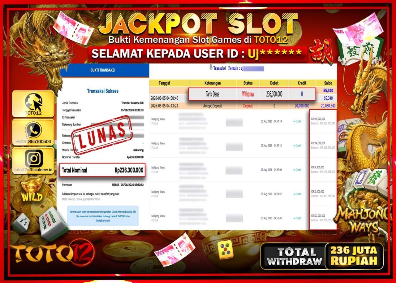 HANYA DI TOTO12 JP PASTI DI BAYAR LUNAS DAN CEPAT!!!!!! JACKPOT SLOT GAME (MAHJONG WAYS) Rp236.300.000!!!!