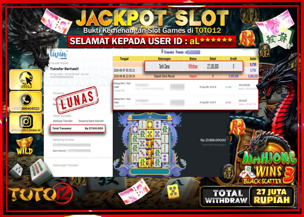 HANYA DI TOTO12 JP PASTI DI BAYAR LUNAS DAN CEPAT!!!!!! JACKPOT SLOT GAME (MAHJONG WINS 3 BLACK SCATTER) Rp27.100.000!!!!