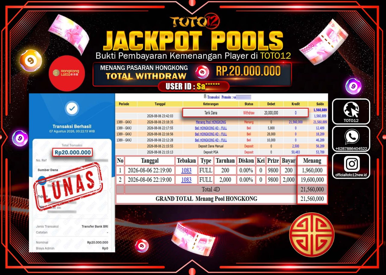 HANYA DI TOTO12 JP PASTI DI BAYAR LUNAS DAN CEPAT!!!!!! JACKPOT POOLS PASARAN (HONGKONG) Rp20.000.000!!!!