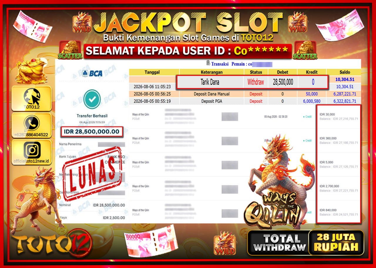 HANYA DI TOTO12 JP PASTI DI BAYAR LUNAS DAN CEPAT!!!!!! JACKPOT SLOT GAME (WAYS OF THE QILIN) Rp28.500.000!!!!