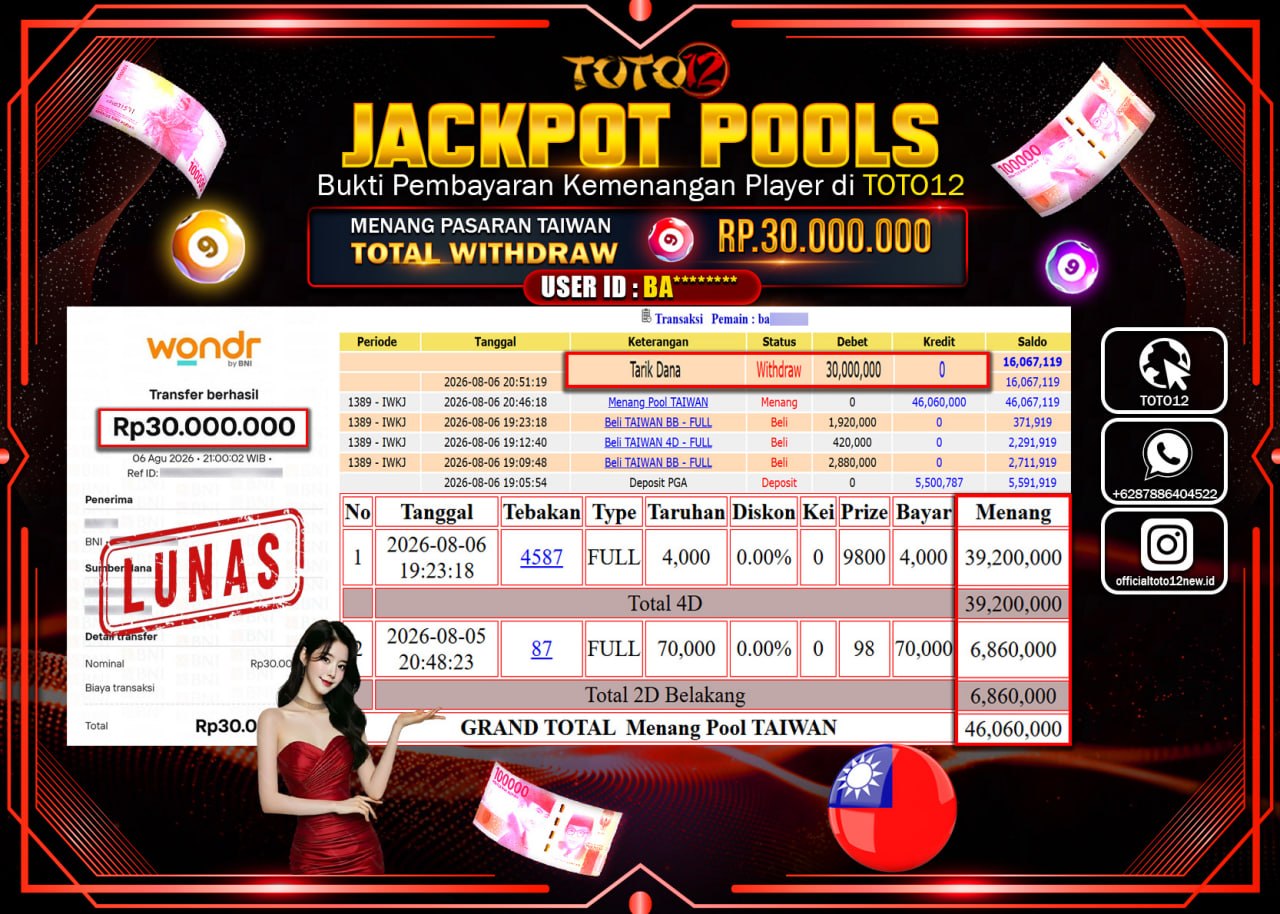 HANYA DI TOTO12 JP PASTI DI BAYAR LUNAS DAN CEPAT!!!!!! JACKPOT POOLS PASARAN (TAIWAN) Rp30.000.000!!!!