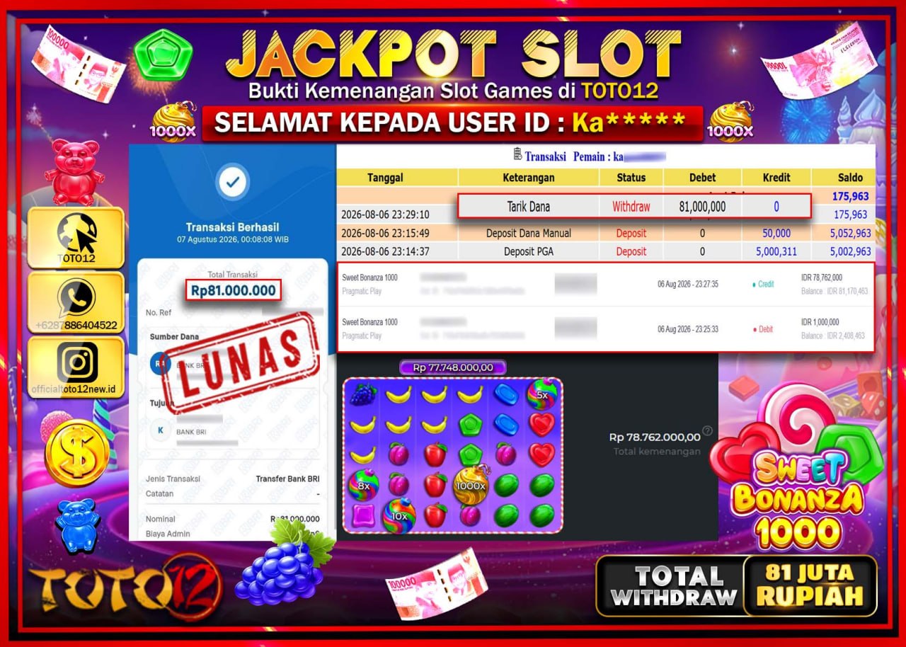 HANYA DI TOTO12 JP PASTI DI BAYAR LUNAS DAN CEPAT!!!!!! JACKPOT SLOT GAME (SWEET BONANZA 1000) Rp81.000.000!!!!