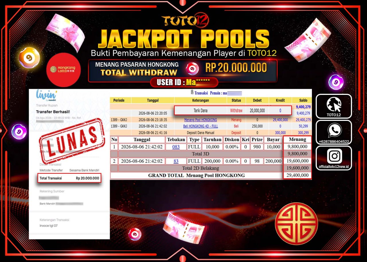 HANYA DI TOTO12 JP PASTI DI BAYAR LUNAS DAN CEPAT!!!!!! JACKPOT POOLS PASARAN (HONGKONG) Rp20.000.000!!!!