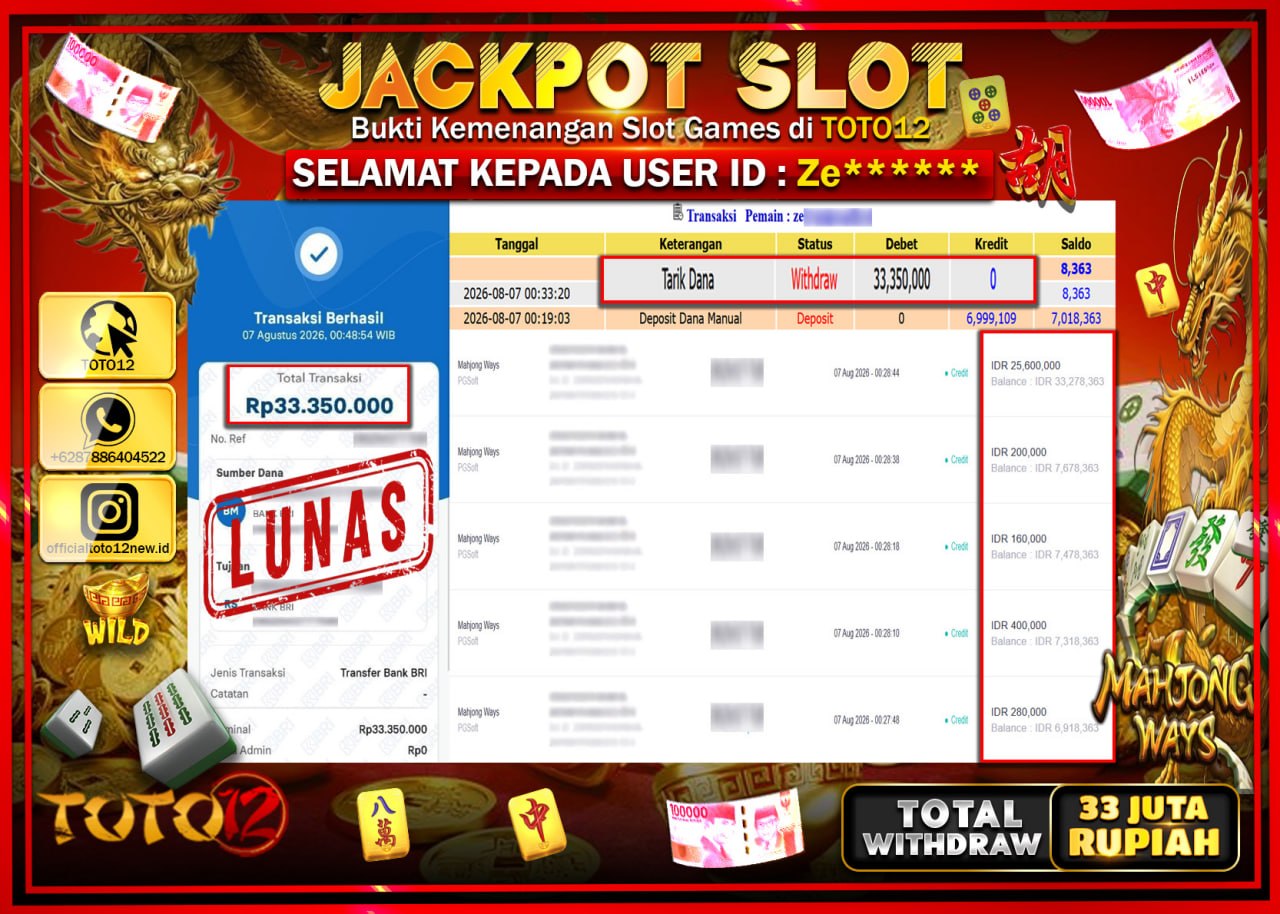 HANYA DI TOTO12 JP PASTI DI BAYAR LUNAS DAN CEPAT!!!!!! JACKPOT SLOT GAME (MAHJONG WAYS) Rp33.350.000!!!!