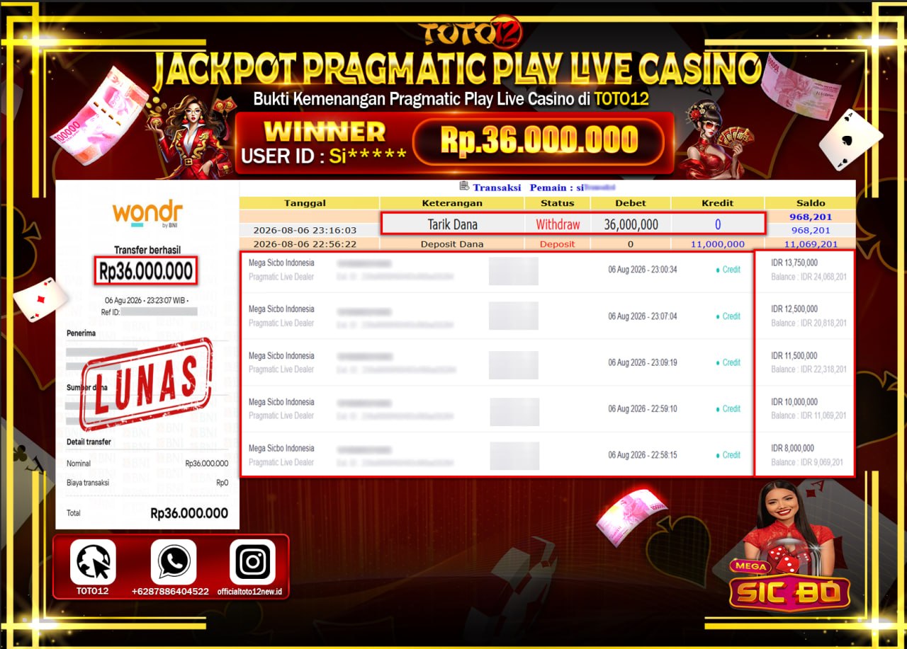 HANYA DI TOTO12 JP PASTI DI BAYAR LUNAS DAN CEPAT!!!!!! JACKPOT PRAGMATIC PLAY LIVE GAME CASINO (MEGA SICBO INDONESIA) Rp36.000.000!!!!