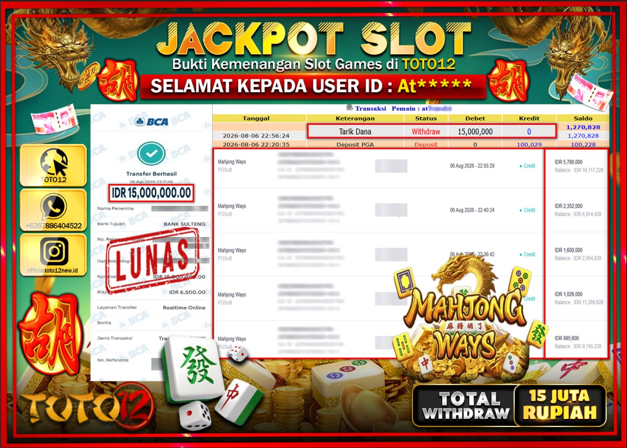 HANYA DI TOTO12 JP PASTI DI BAYAR LUNAS DAN CEPAT!!!!!! JACKPOT SLOT GAME (MAHJONG WAYS) Rp15.000.000!!!!