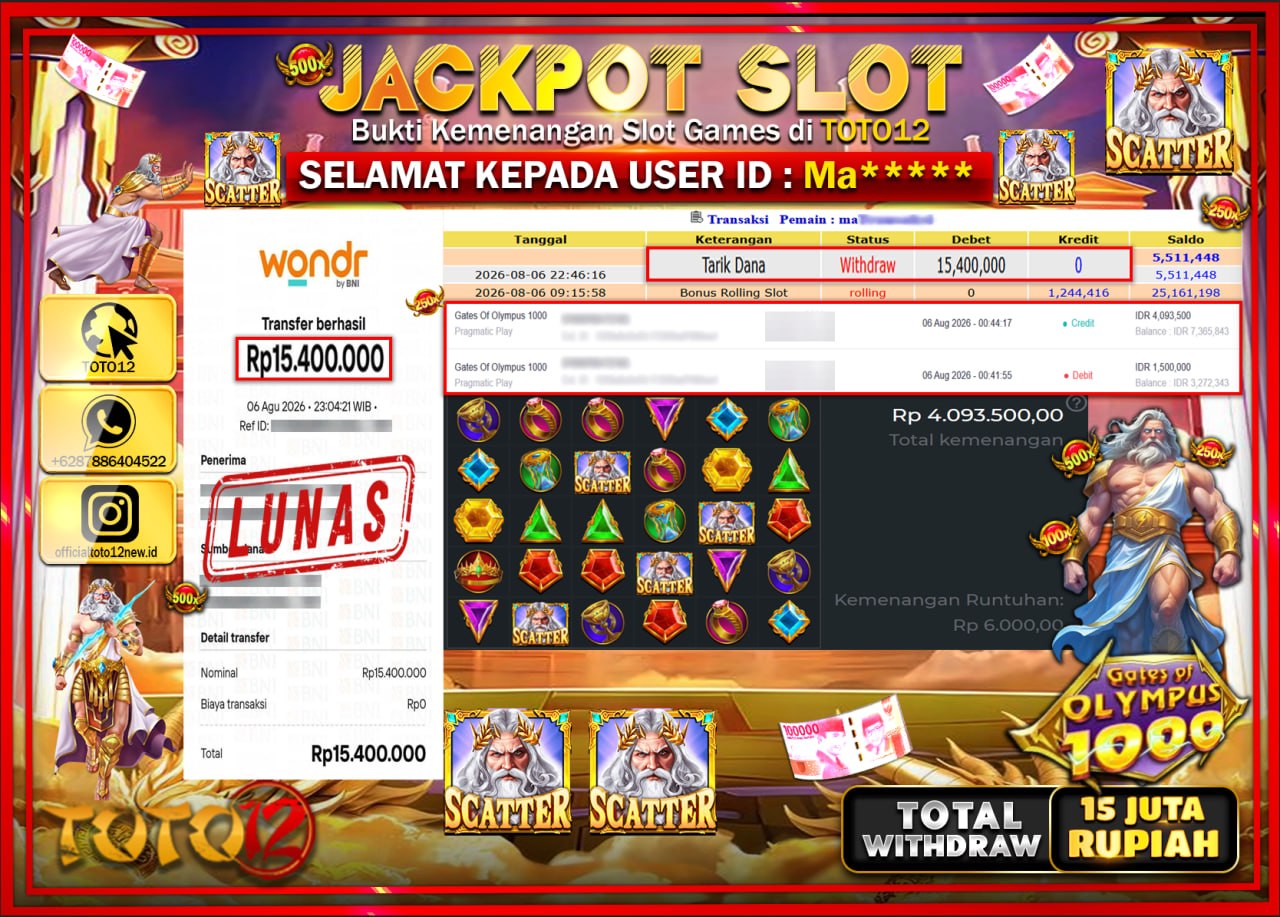 HANYA DI TOTO12 JP PASTI DI BAYAR LUNAS DAN CEPAT!!!!!! JACKPOT SLOT GAME (GATES OF OLYMPUS 1000) Rp15.400.000!!!!