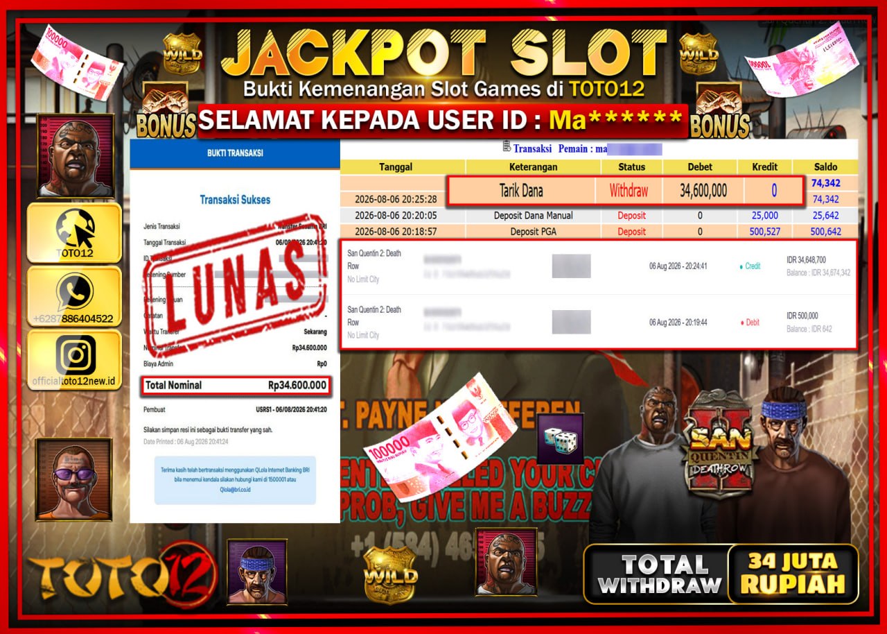 HANYA DI TOTO12 JP PASTI DI BAYAR LUNAS DAN CEPAT!!!!!! JACKPOT SLOT GAME (SAN QUENTIN 2 DEATH ROW) Rp34.600.000!!!!