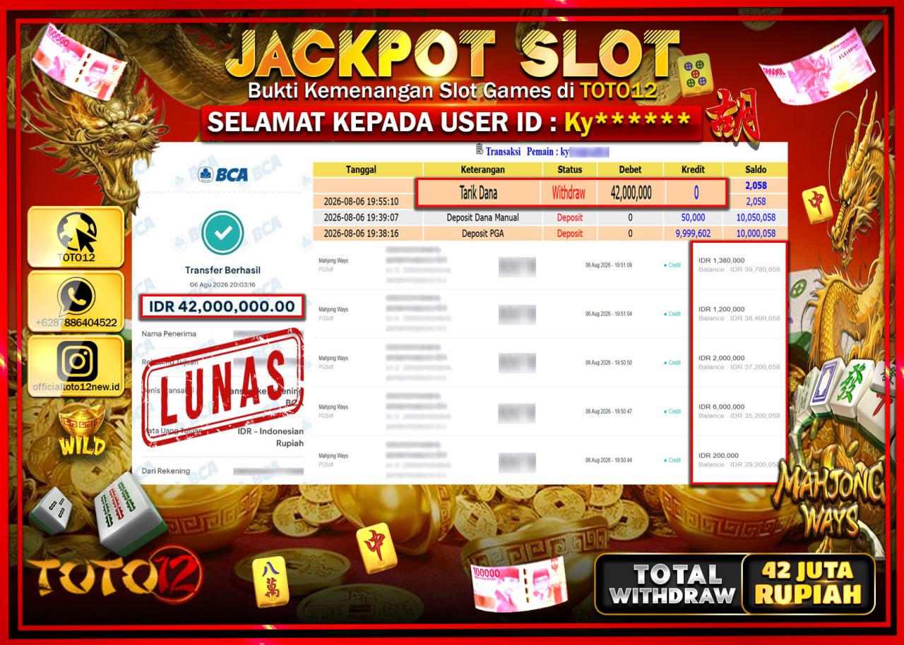 HANYA DI TOTO12 JP PASTI DI BAYAR LUNAS DAN CEPAT!!!!!! JACKPOT SLOT GAME (MAHJONG WAYS) Rp42.000.000!!!!