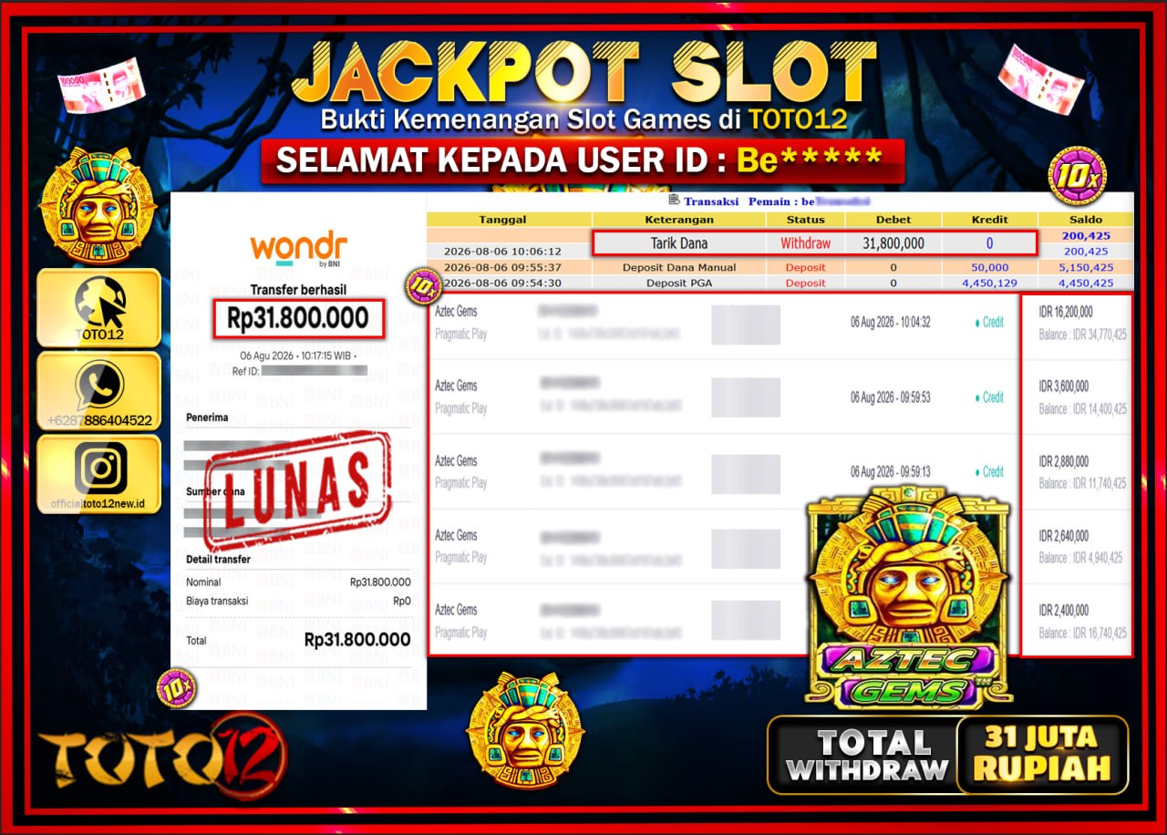 HANYA DI TOTO12 JP PASTI DI BAYAR LUNAS DAN CEPAT!!!!!! JACKPOT SLOT GAME (AZTEC GEMS) Rp31.800.000!!!!