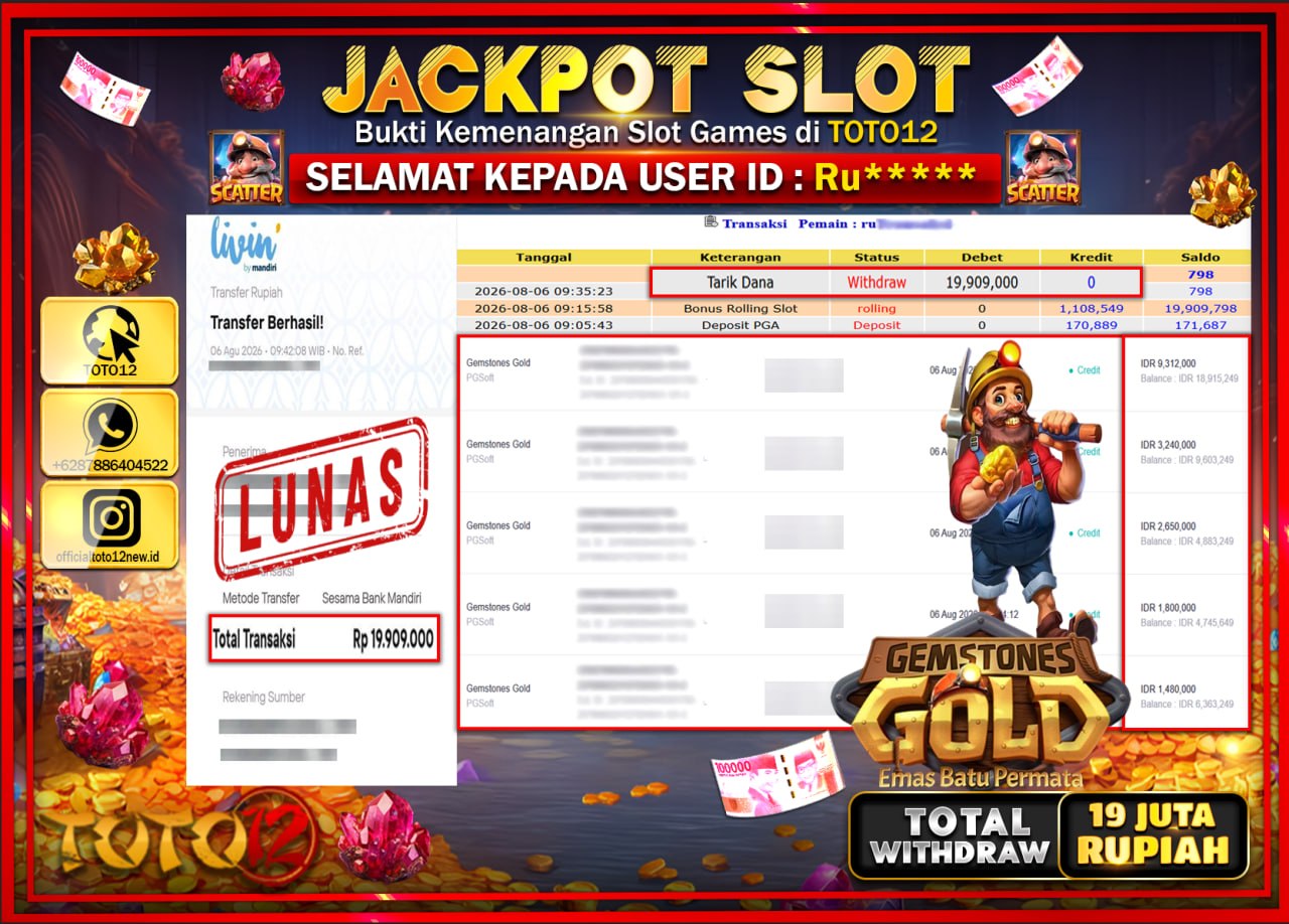 HANYA DI TOTO12 JP PASTI DI BAYAR LUNAS DAN CEPAT!!!!!! JACKPOT SLOT GAME (GEMSTONES GOLD) Rp19.909.000!!!!
