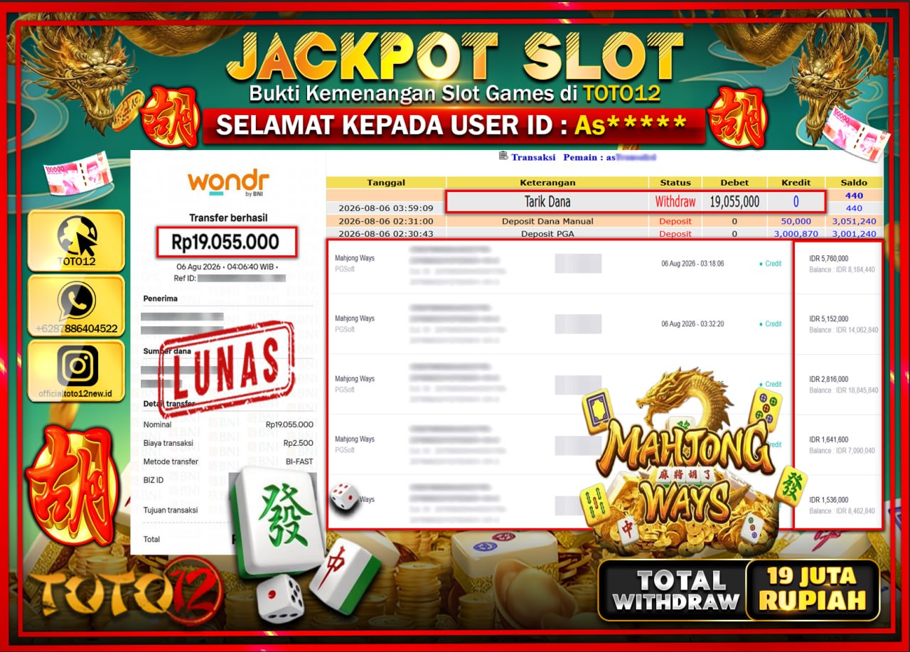 HANYA DI TOTO12 JP PASTI DI BAYAR LUNAS DAN CEPAT!!!!!! JACKPOT SLOT GAME (MAHJONG WAYS) Rp19.055.000!!!!