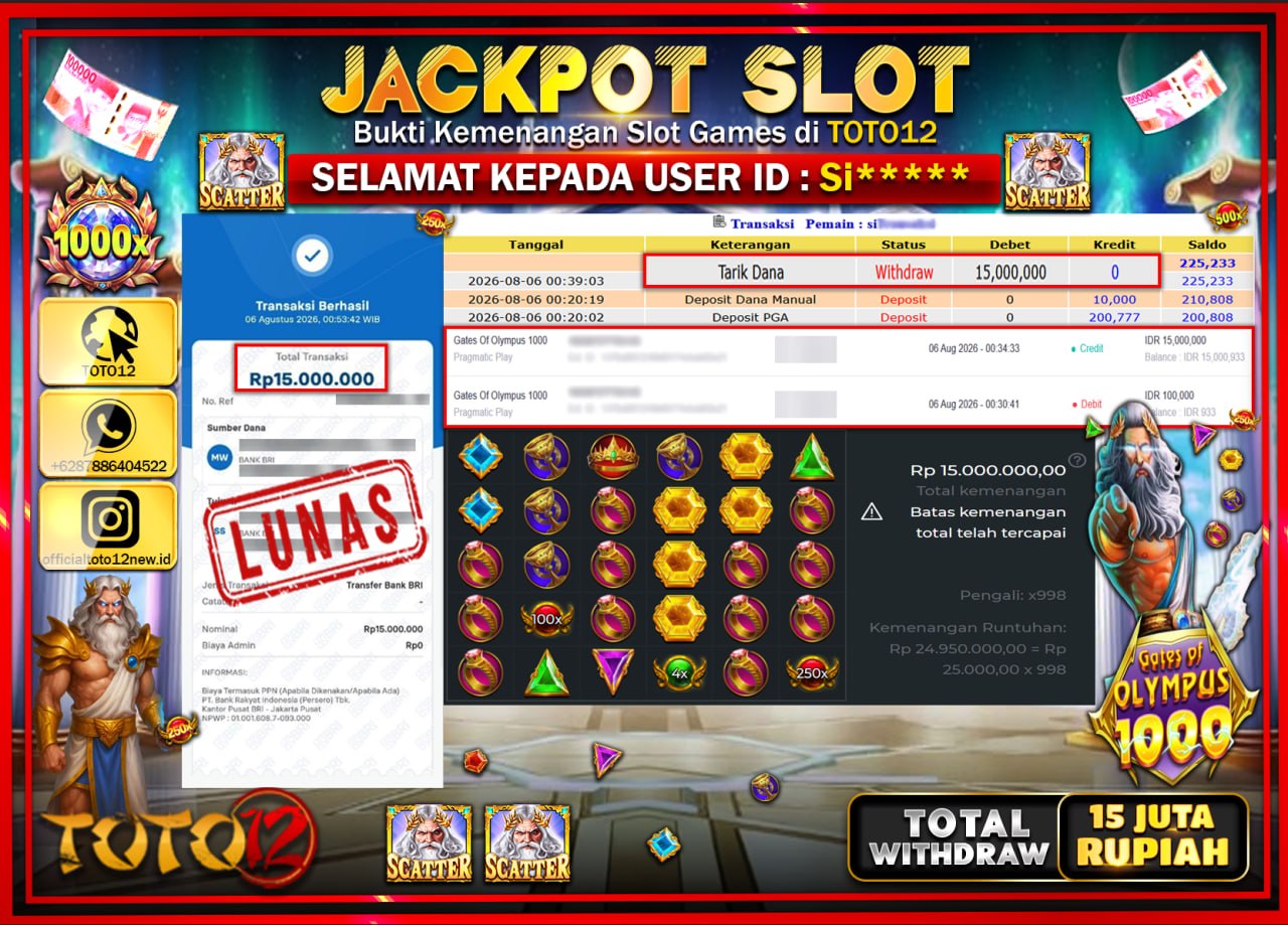 HANYA DI TOTO12 JP PASTI DI BAYAR LUNAS DAN CEPAT!!!!!! JACKPOT SLOT GAME (GATES OF OLYMPUS 1000) Rp15.000.000!!!!