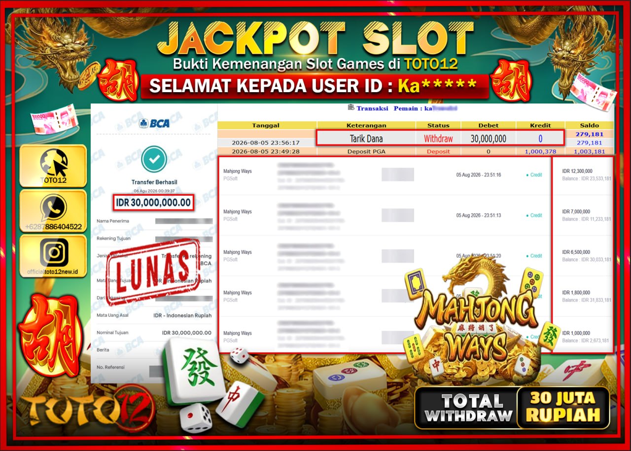 HANYA DI TOTO12 JP PASTI DI BAYAR LUNAS DAN CEPAT!!!!!! JACKPOT SLOT GAME (MAHJONG WAYS) Rp30.000.000!!!!