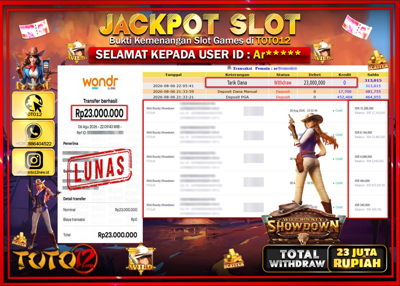 HANYA DI TOTO12 JP PASTI DI BAYAR LUNAS DAN CEPAT!!!!!! JACKPOT SLOT GAME (WILD BOUNTY SHOWDOWN) Rp23.000.000!!!!