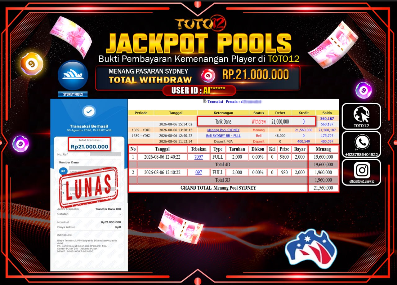 HANYA DI TOTO12 JP PASTI DI BAYAR LUNAS DAN CEPAT!!!!!! JACKPOT POOLS PASARAN (SYDNEY) Rp21.000.000!!!!