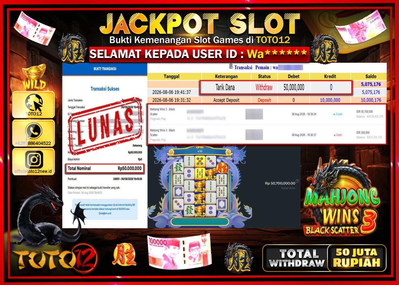 HANYA DI TOTO12 JP PASTI DI BAYAR LUNAS DAN CEPAT!!!!!! JACKPOT SLOT GAME (MAHJONG WINS 3 BLACK SCATTER) Rp50.000.000!!!!