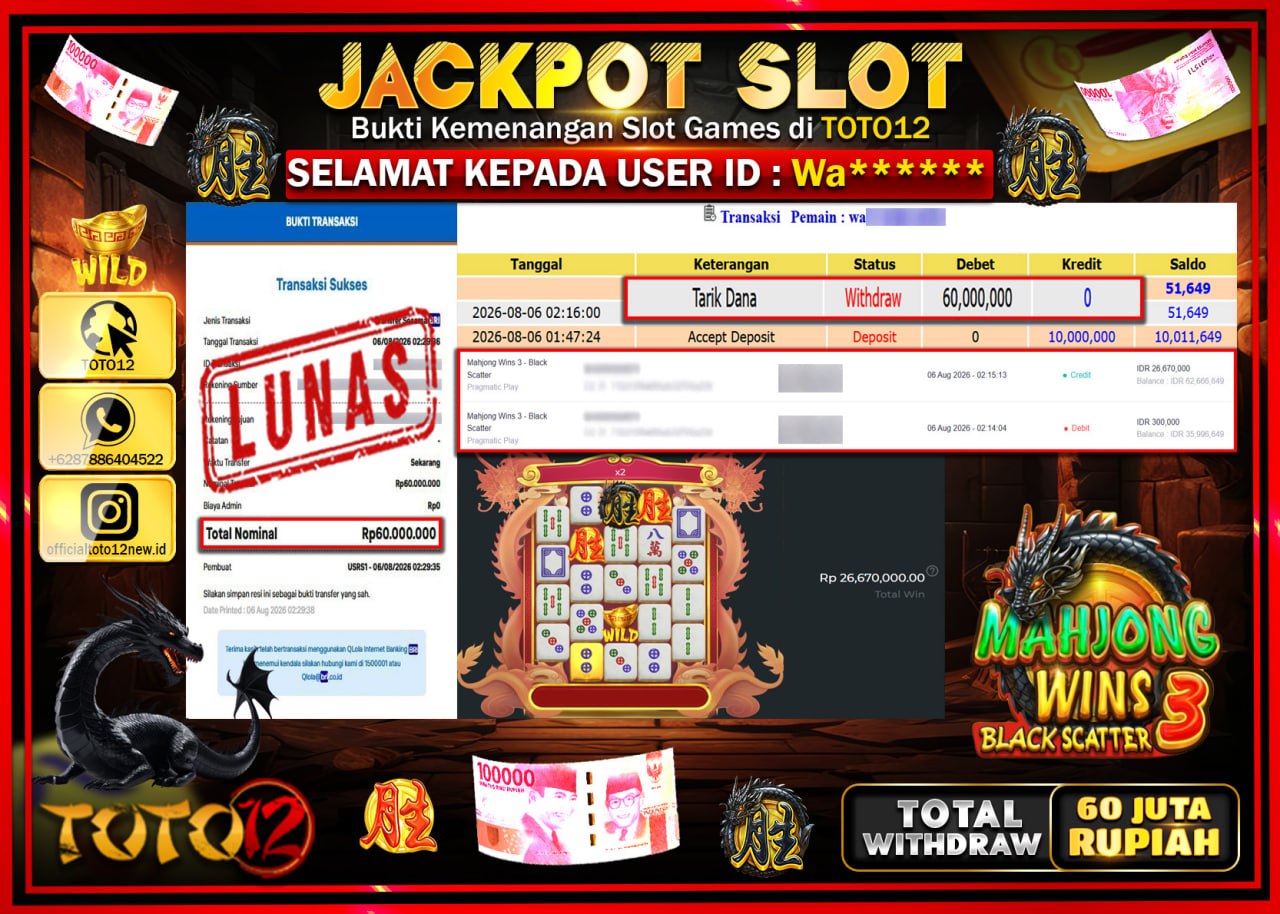 HANYA DI TOTO12 JP PASTI DI BAYAR LUNAS DAN CEPAT!!!!!! JACKPOT SLOT GAME (MAHJONG WINS 3 BALCK SCATTER) Rp60.000.000!!!!