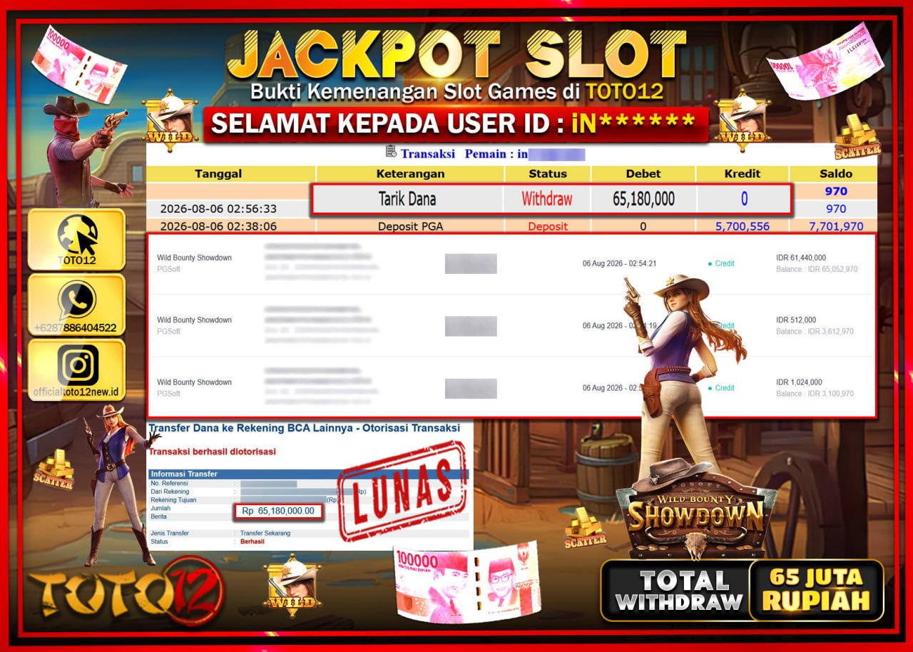 HANYA DI TOTO12 JP PASTI DI BAYAR LUNAS DAN CEPAT!!!!!! JACKPOT SLOT GAME (WILD BOUNTY SHOWDOWN) Rp65.180.000!!!!