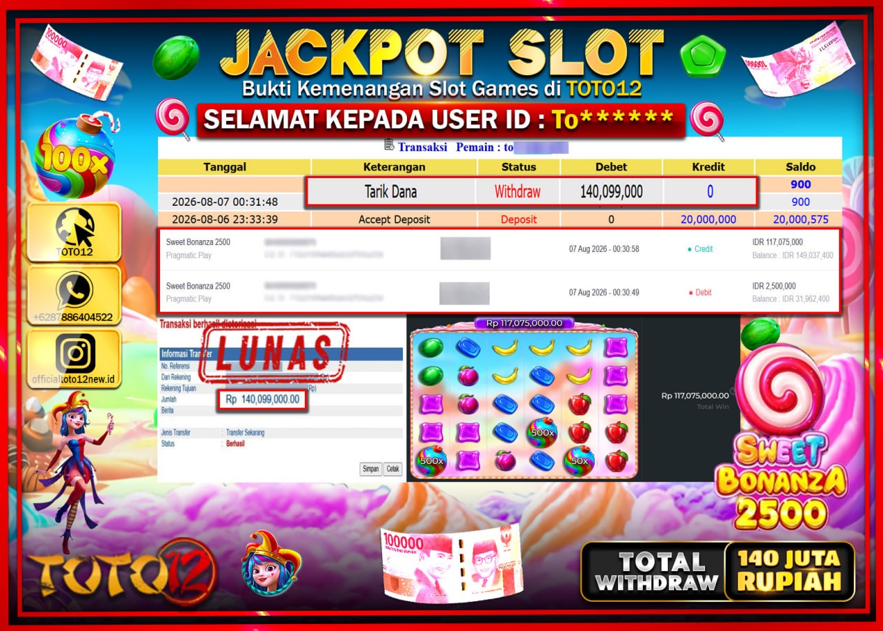 HANYA DI TOTO12 JP PASTI DI BAYAR LUNAS DAN CEPAT!!!!!! JACKPOT SLOT GAME (SWEET BONANZA 2500) Rp140.099.000!!!!