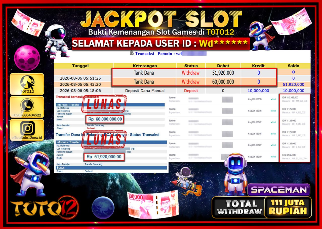 HANYA DI TOTO12 JP PASTI DI BAYAR LUNAS DAN CEPAT!!!!!! JACKPOT SLOT GAME (SPACEMAN) Rp111.920.000!!!!