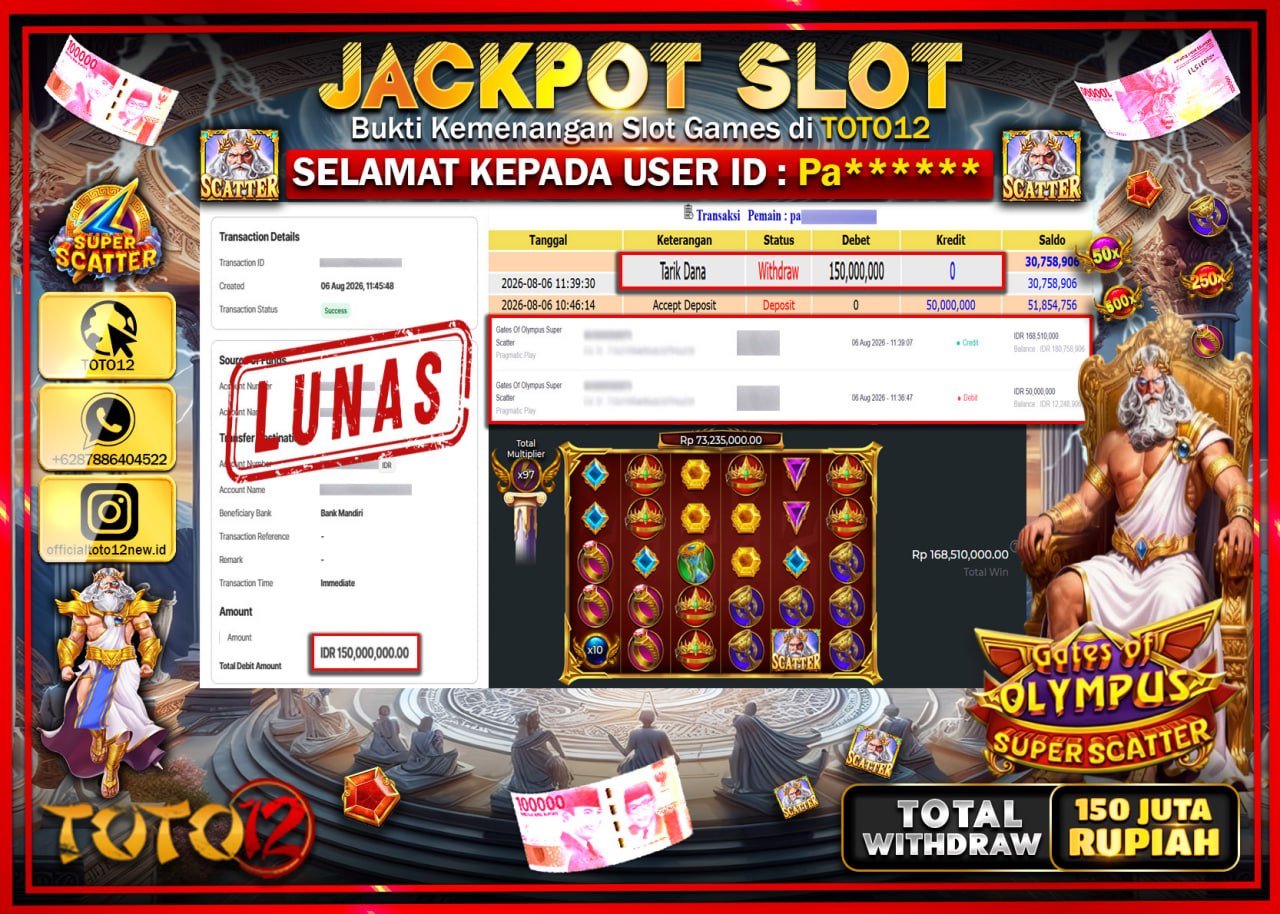 HANYA DI TOTO12 JP PASTI DI BAYAR LUNAS DAN CEPAT!!!!!! JACKPOT SLOT GAME (GATES OF OLYMPSU SUPER SCATTER) Rp150.000.000!!!!