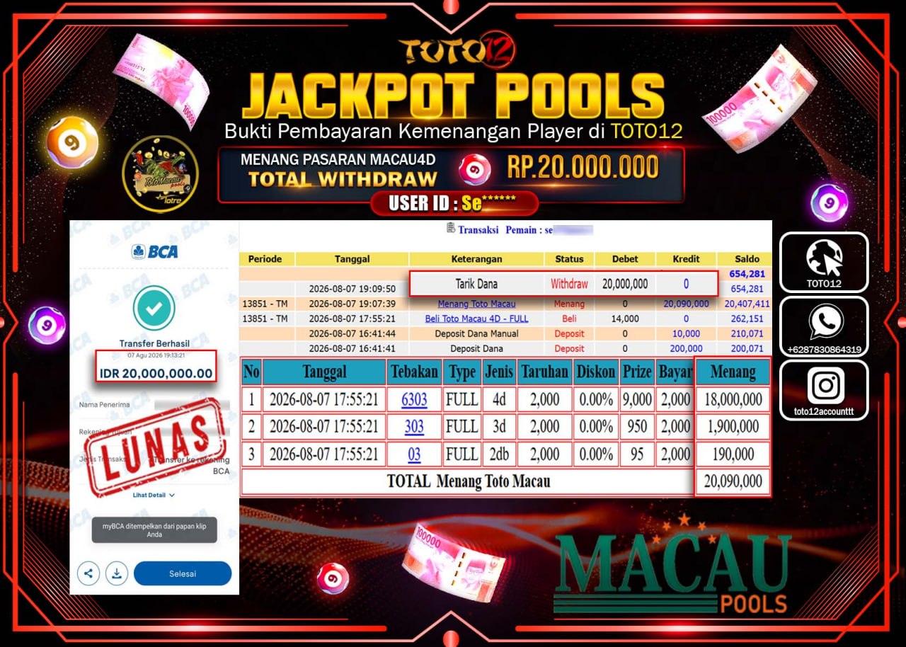 HANYA DI TOTO12 JP PASTI DI BAYAR LUNAS DAN CEPAT!!!!!! JACKPOT POOLS PASARAN (MACAU 4D) Rp20.000.000!!!!