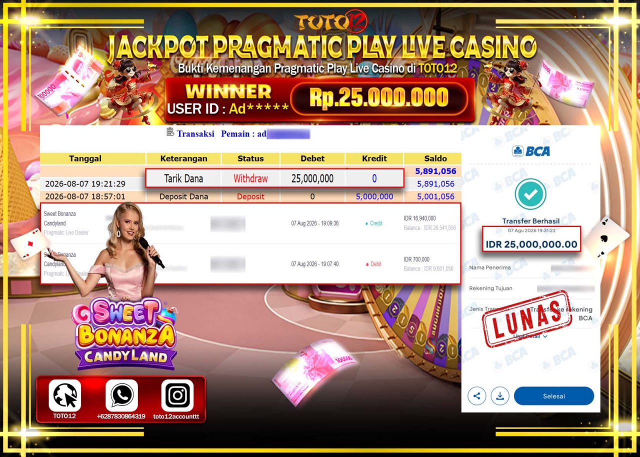 HANYA DI TOTO12 JP PASTI DI BAYAR LUNAS DAN CEPAT!!!!!! JACKPOT PRAGMATIC PLAY LIVE GAME CASINO (SWEET BONANZA CANDYLAND) Rp25.000.000!!!!