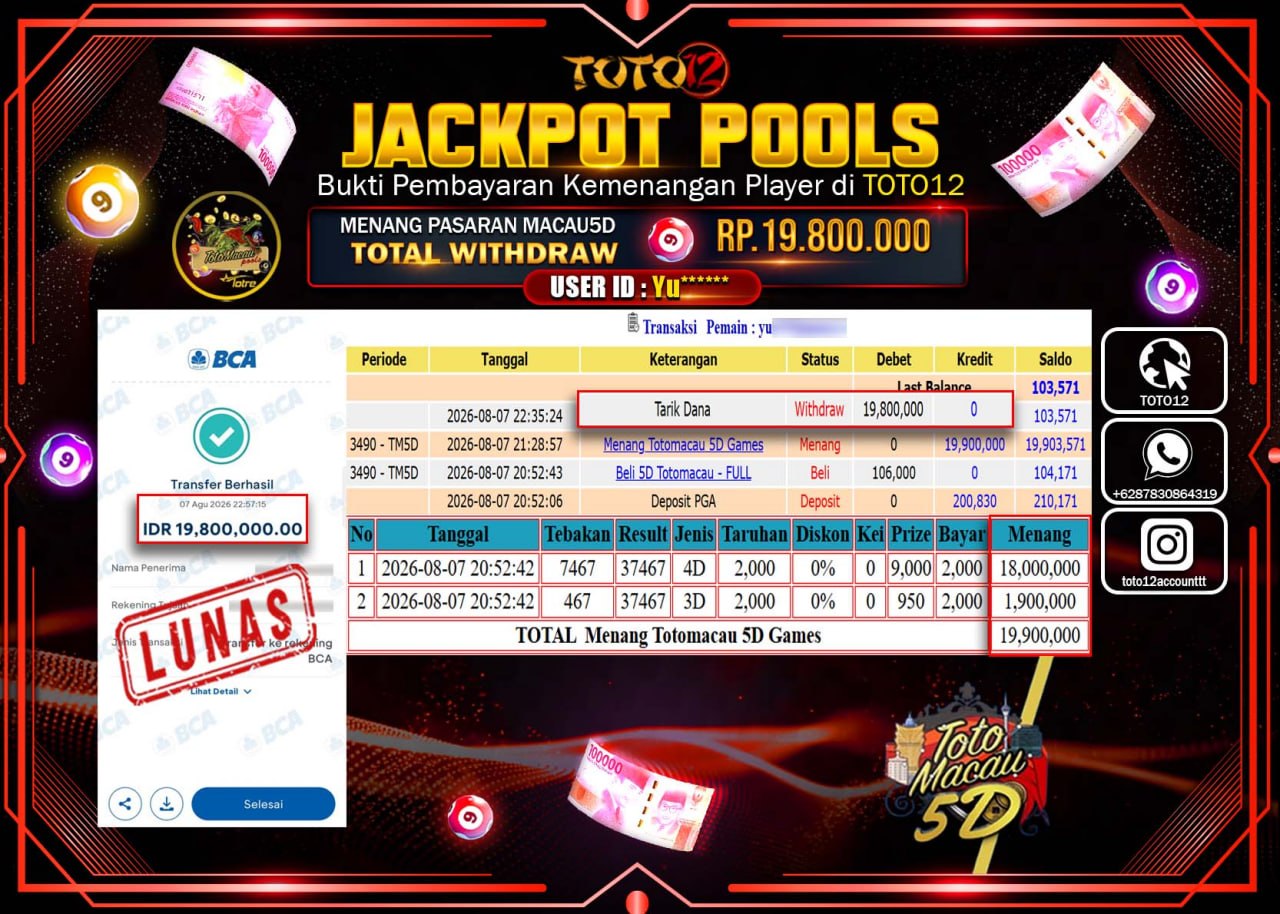 HANYA DI TOTO12 JP PASTI DI BAYAR LUNAS DAN CEPAT!!!!!! JACKPOT POOLS PASARAN (MACAU 5D) Rp19.800.000!!!!