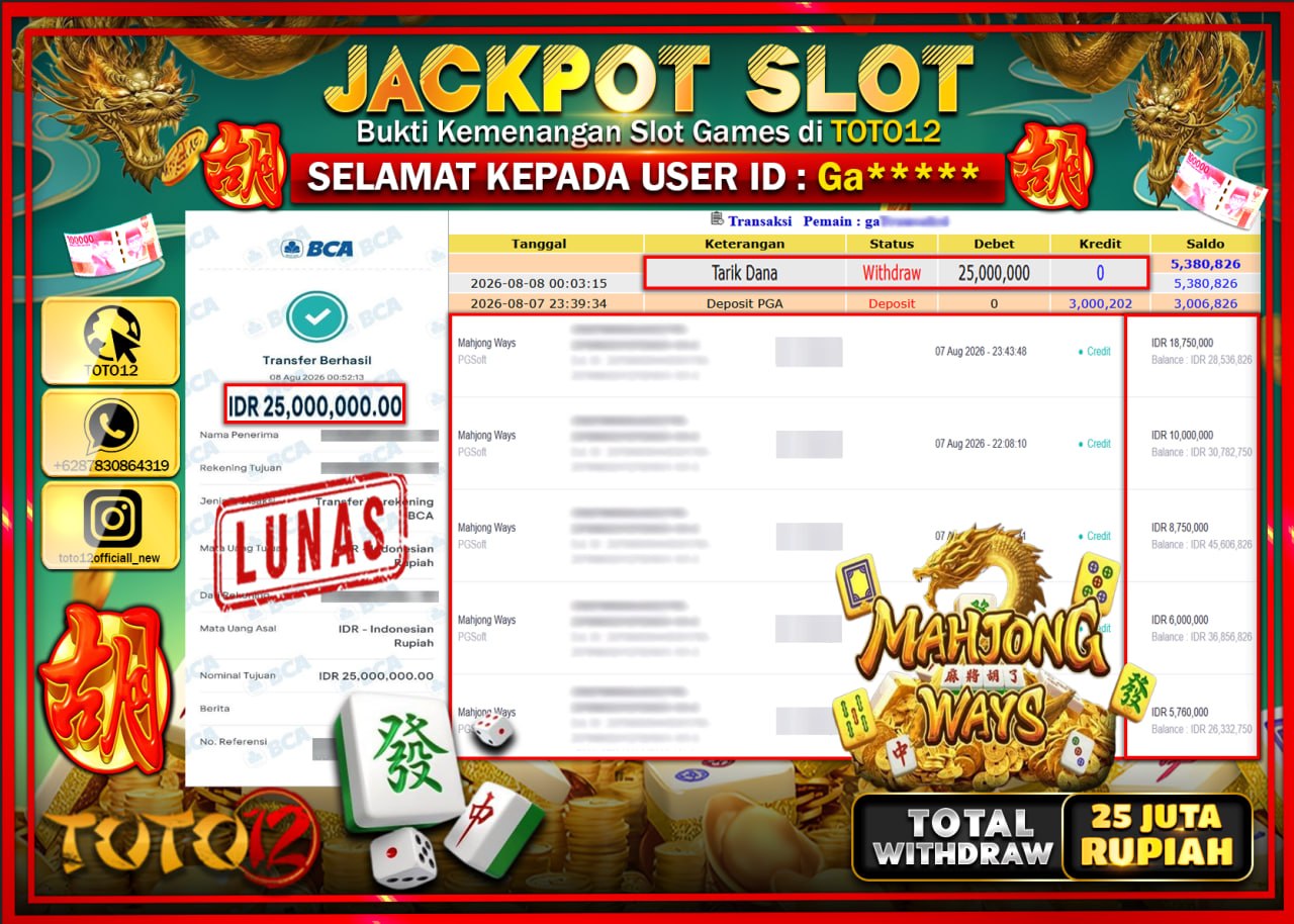 HANYA DI TOTO12 JP PASTI DI BAYAR LUNAS DAN CEPAT!!!!!! JACKPOT SLOT GAME (MAHJONG WAYS) Rp25.000.000!!!!