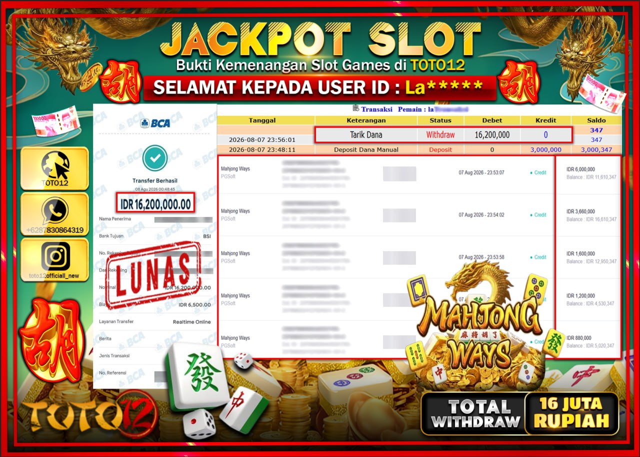 HANYA DI TOTO12 JP PASTI DI BAYAR LUNAS DAN CEPAT!!!!!! JACKPOT SLOT GAME (MAHJONG WAYS) Rp16.200.000!!!!