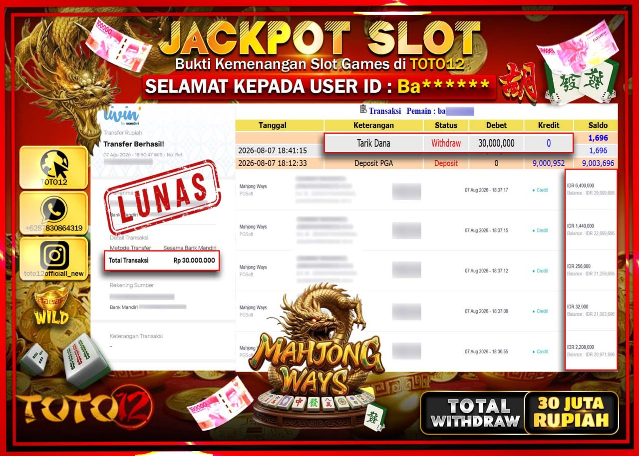 HANYA DI TOTO12 JP PASTI DI BAYAR LUNAS DAN CEPAT!!!!!! JACKPOT SLOT GAME (MAHJONG WAYS) Rp30.000.000!!!!