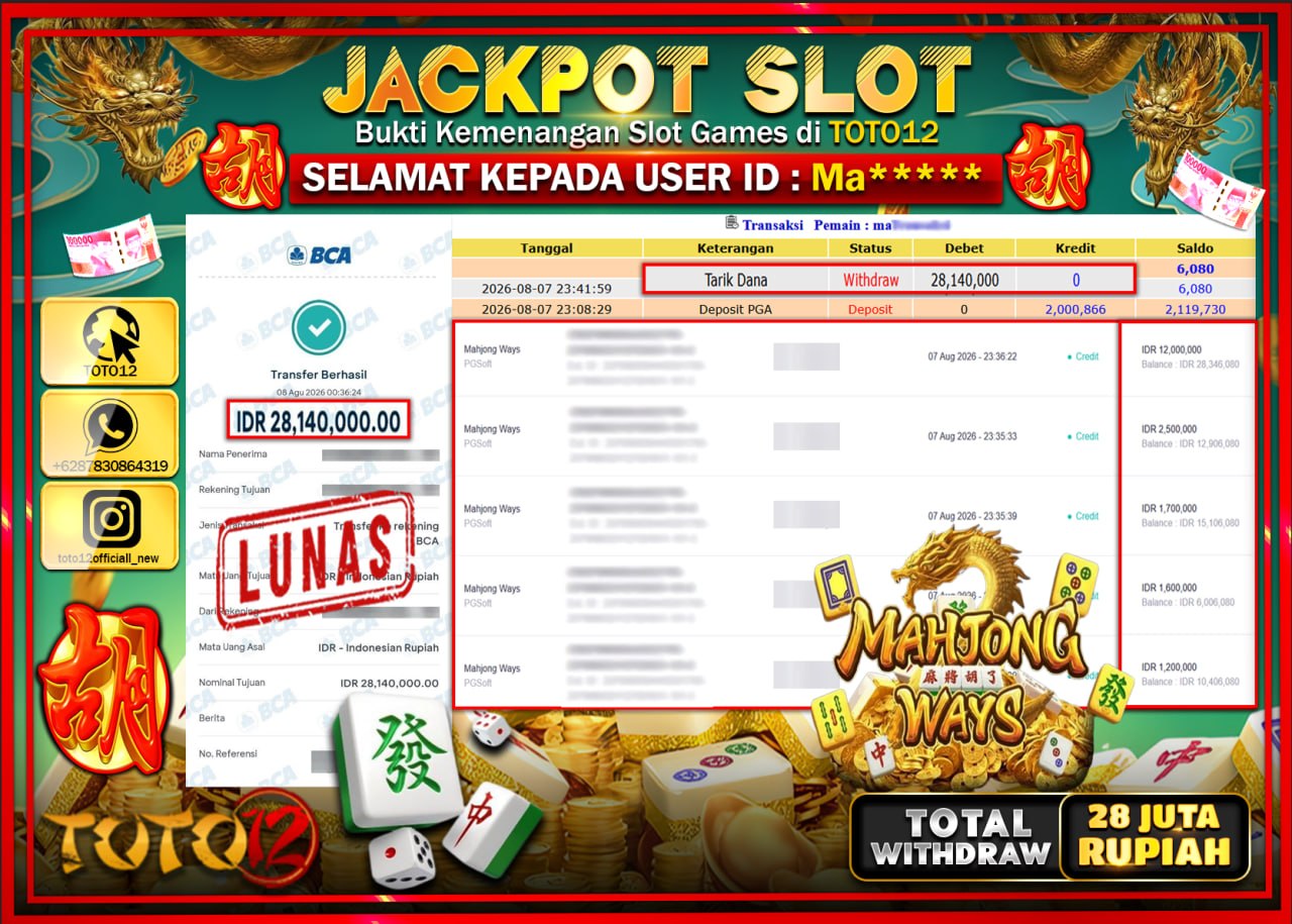 HANYA DI TOTO12 JP PASTI DI BAYAR LUNAS DAN CEPAT!!!!!! JACKPOT SLOT GAME (MAHJONG WAYS) Rp28.140.000!!!!
