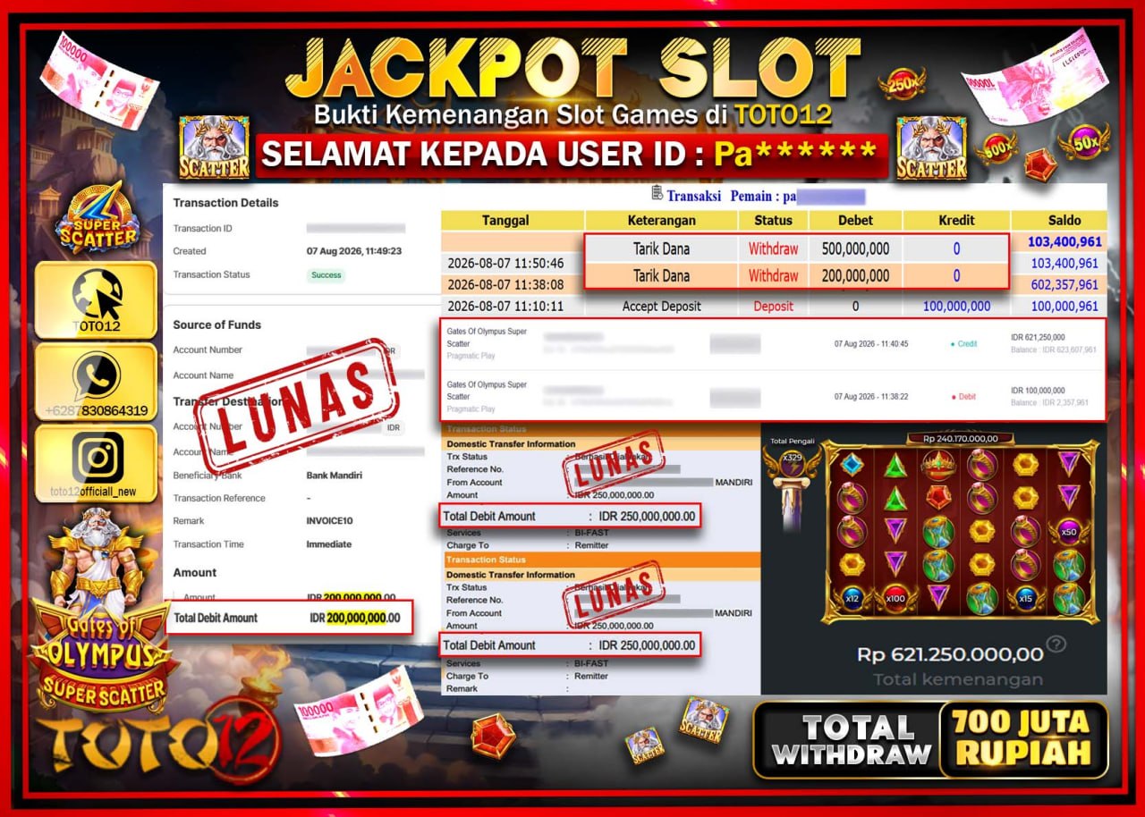 HANYA DI TOTO12 JP PASTI DI BAYAR LUNAS DAN CEPAT!!!!!! JACKPOT SLOT GAME (GATES OF OLYMPUS SUPER SCATTER) Rp700.000.000!!!!