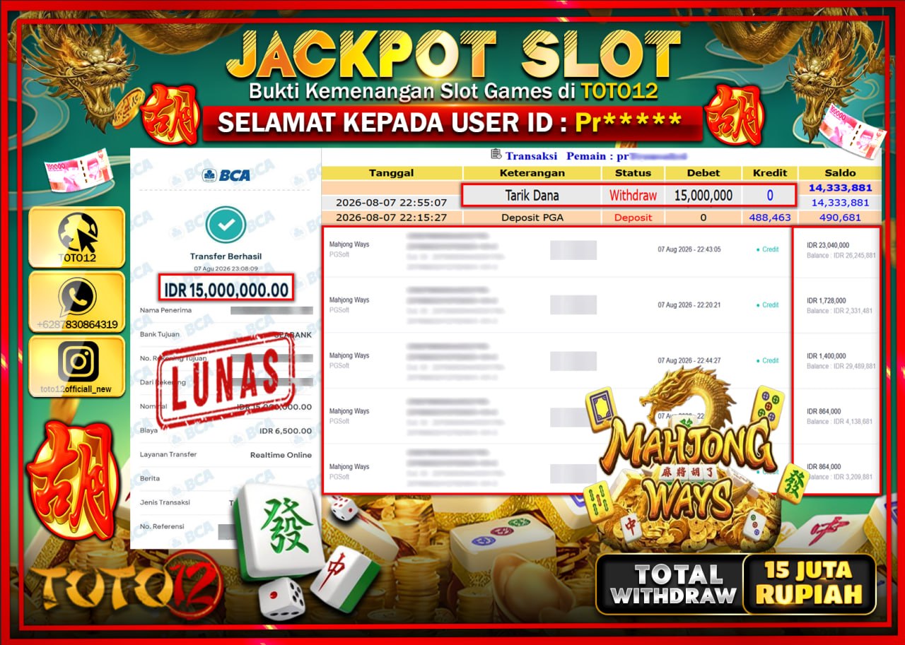 HANYA DI TOTO12 JP PASTI DI BAYAR LUNAS DAN CEPAT!!!!!! JACKPOT SLOT GAME (MAHJONG WAYS) Rp15.000.000!!!!