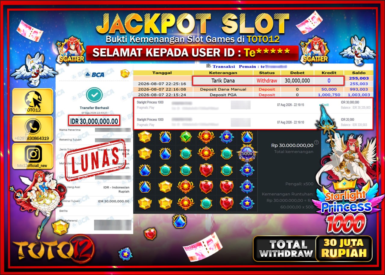 HANYA DI TOTO12 JP PASTI DI BAYAR LUNAS DAN CEPAT!!!!!! JACKPOT SLOT GAME (STARLIGHT PRINCESS 1000) Rp30.000.000!!!!