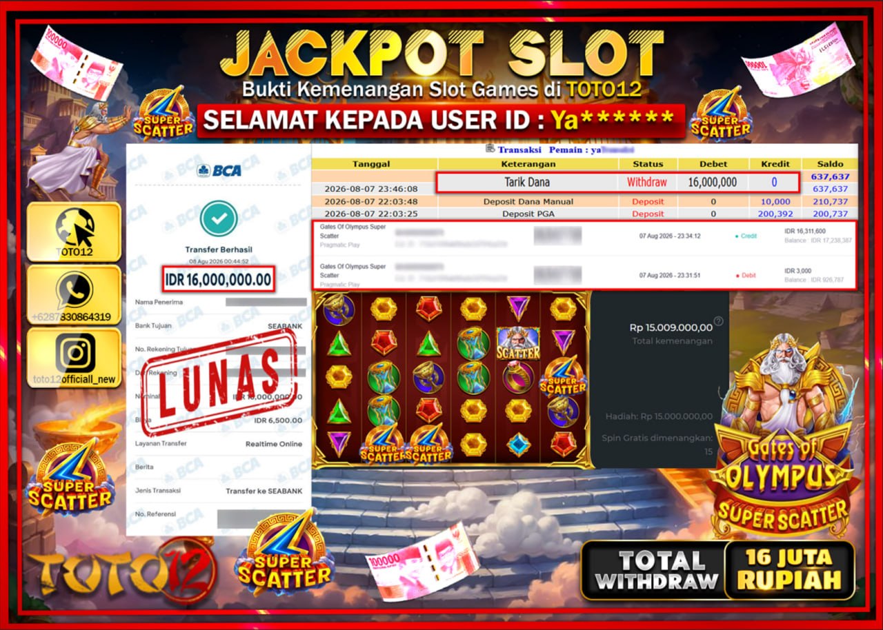 HANYA DI TOTO12 JP PASTI DI BAYAR LUNAS DAN CEPAT!!!!!! JACKPOT SLOT GAME (GATES OF OLYMPUS SUPER SCATTER) Rp16.000.000!!!!