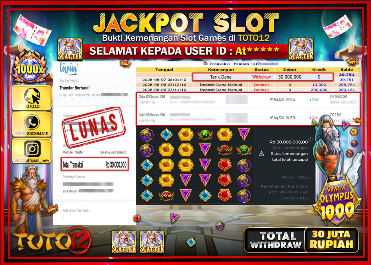 HANYA DI TOTO12 JP PASTI DI BAYAR LUNAS DAN CEPAT!!!!!! JACKPOT SLOT GAME (GATES OF OLYMPUS 1000) Rp30.000.000!!!!