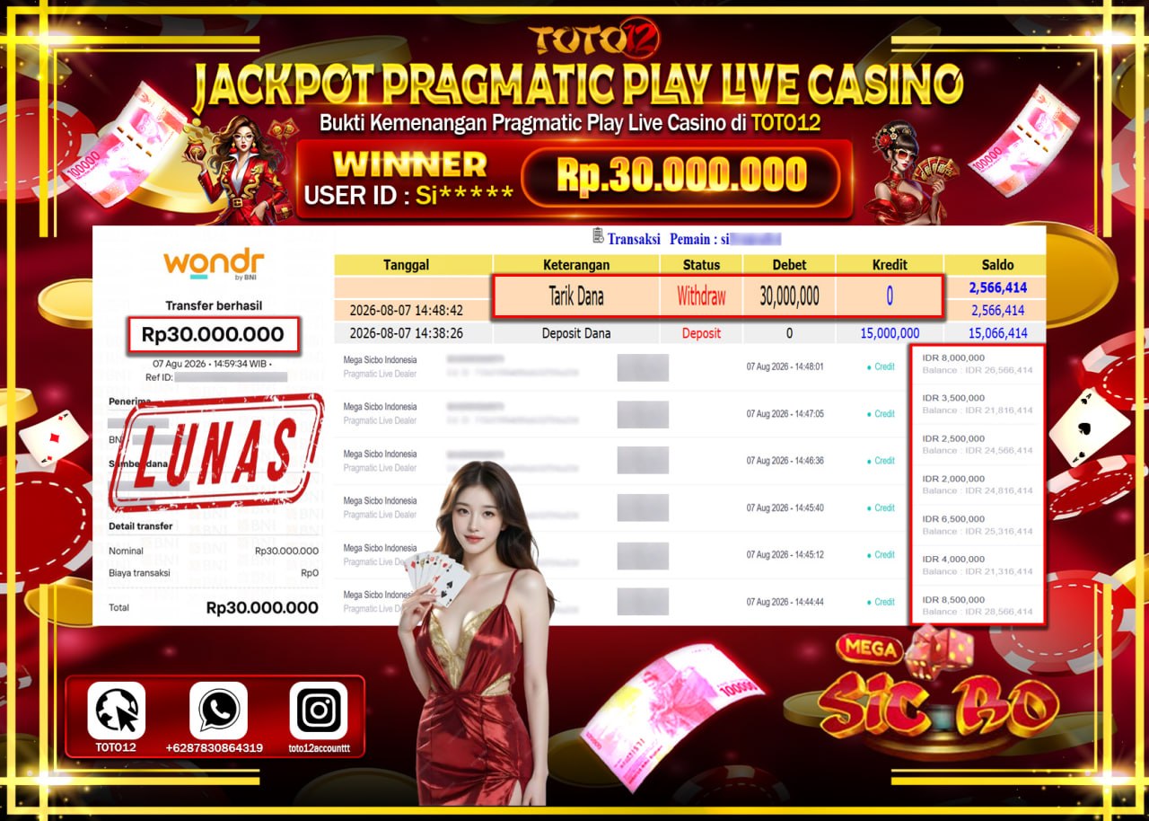 HANYA DI TOTO12 JP PASTI DI BAYAR LUNAS DAN CEPAT!!!!!! JACKPOT PRAGMATIC PLAY LIVE GAME CASINO (MEGA SICBO INDONESIA) Rp30.000.000!!!!